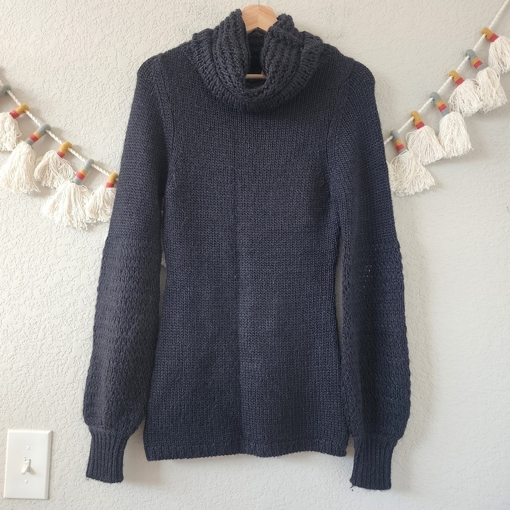 Anthropologie Moth Alpaca Blend Black Raglan Cable Knit Cowl Neck Sweater Boho S